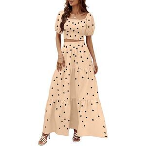 Rooscier 2 Piece Beige Polka Dots Shirred Crop Top Beach Maxi Skirt Set Sz L